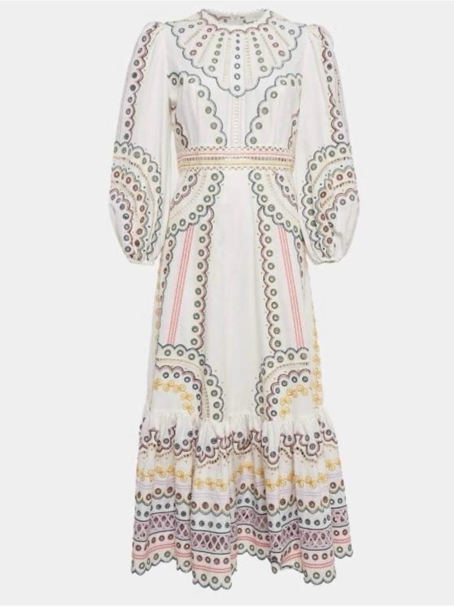 Zimmermann White Maxi Dress With Pastel Pink, Green, Yellow And Gray Embroidery